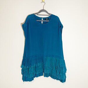 Funktional teal blue cap sleeve tiered ruffle 100% silk tunic top mini dress